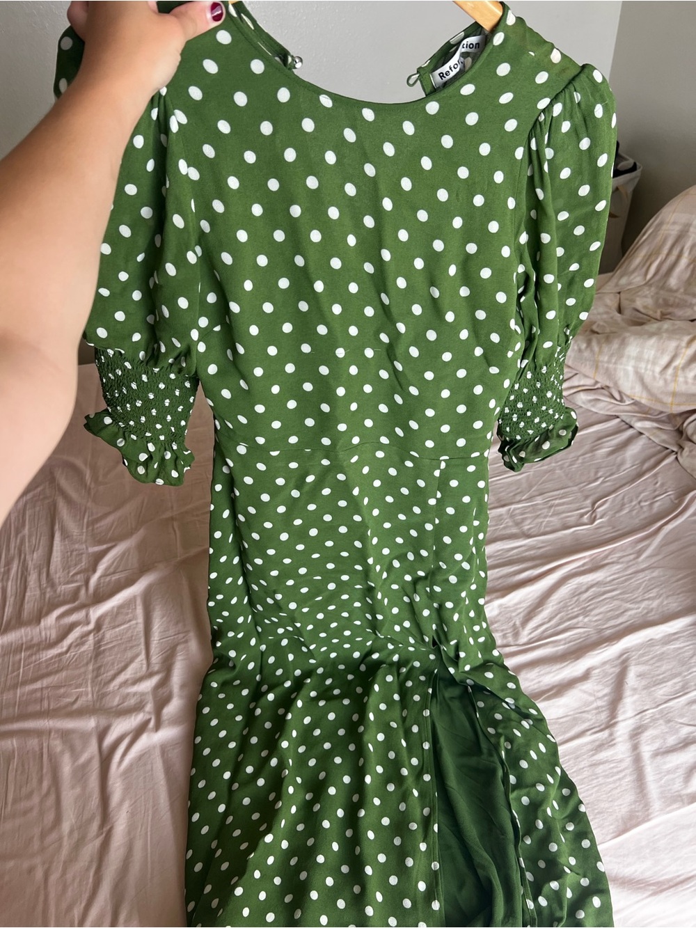 Reformation Green Polka Dot Maxi Dress with Puff Sleeves - Picture 3 of 7